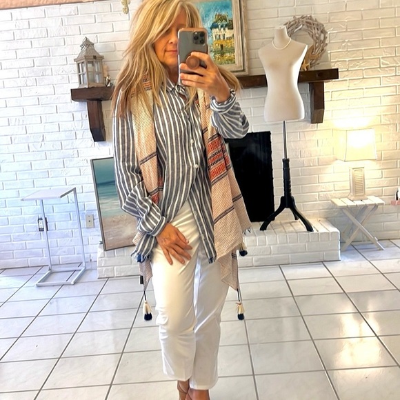 Anthro’s BeachLunchLounge,Striped-linen Frayed-Hem,Button-down Shirt,EUC,size XL - Picture 3 of 14